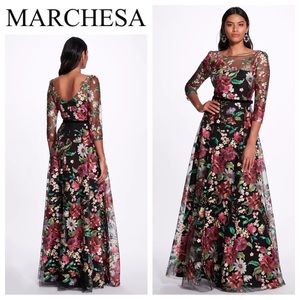 Marchesa Notte Short Sleeve Floral-Embroidered Gown